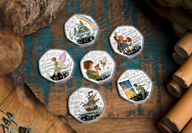 LS 2020 IOM Silver proof with colour print 50p Peter Pan set of 6 Lifestyle - Are you ready to return to Neverland? First look at the BRAND NEW Peter Pan 50p Coins…