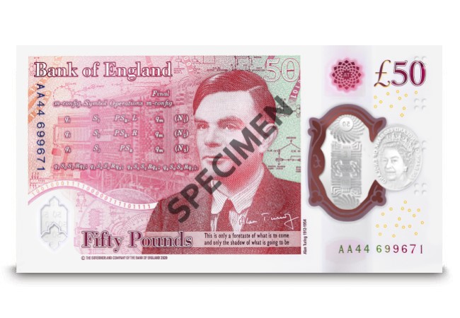 The secrets hidden in the NEW Alan Turing £50 banknote… The First 50 Pound Polymer Banknote DateStamp Issue Product Images Note Back 1 - The secrets hidden in the NEW Alan Turing £50 banknote…