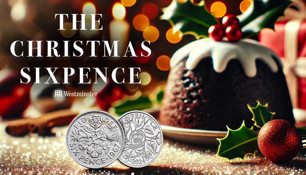 The Sixpence: A Christmas Tradition Reimagined DALL·E 2024 10 17 10.24.51 A festive Christmas pudding with a coin peeking out celebrating the British tradition of hiding a sixpence in the pudding. The pudding is dark and ri 1024x585 - The Sixpence: A Christmas Tradition Reimagined