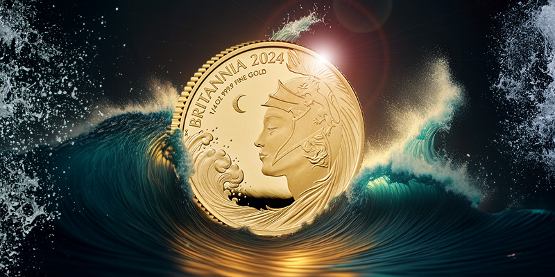 2024 14 Britannia Gold coin in waves - The 2024 1/4oz Gold Britannia: A Modern Tribute