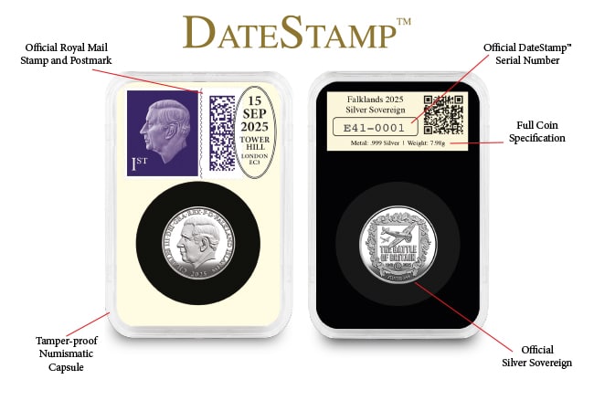 Falklands 2025 Battle of Britain Silver Sovereign Everslab product page images DY 4 - The Battle of Britain Silver Sovereign DateStamp™